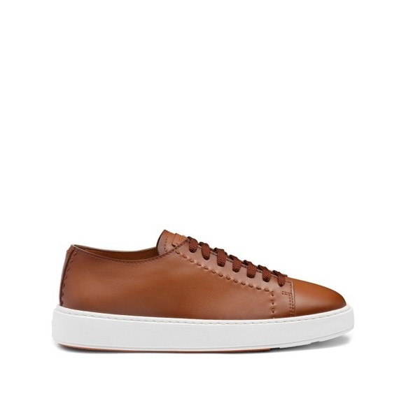 Santoni Hand-Stitched Light Brown Leather Sneakers - NWT - Picture 1 of 3